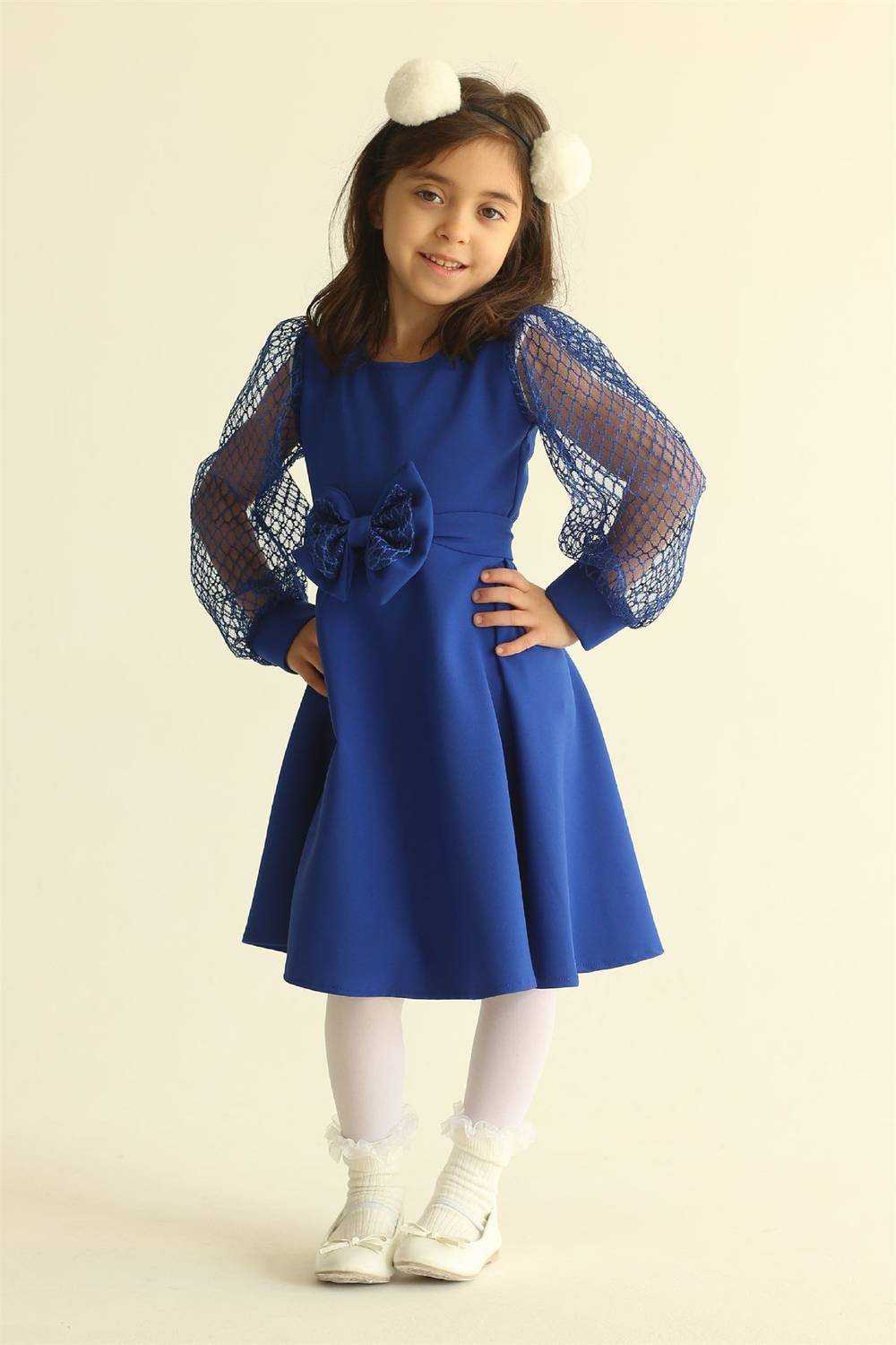 Blue Tulle Sleeve Flared Girl Dress