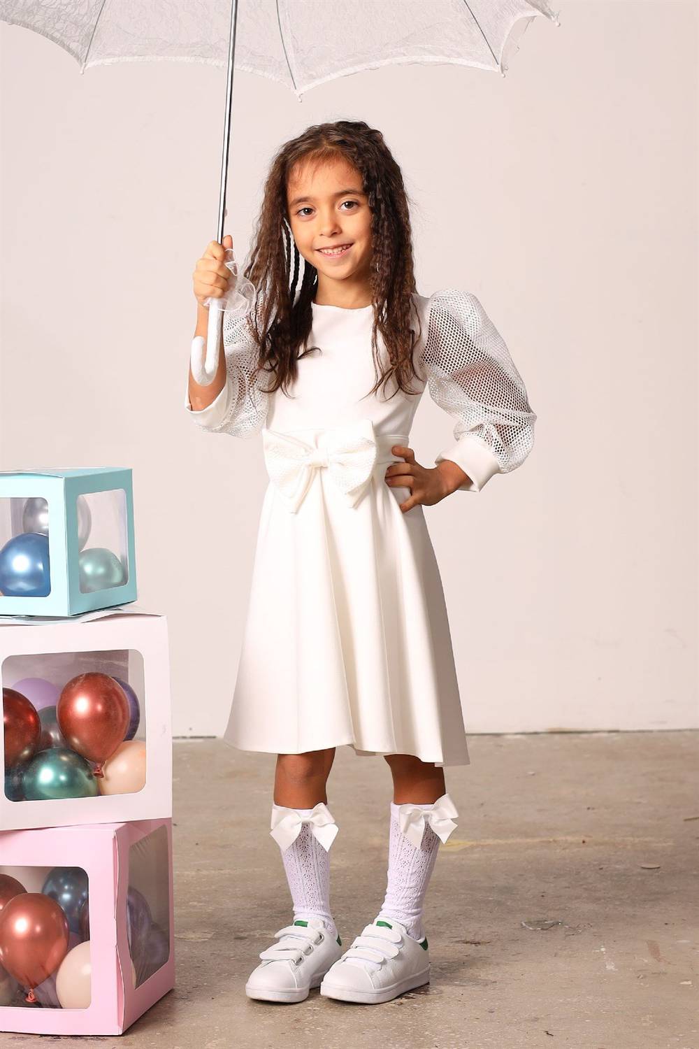 White Fishnet Sleeved Flared Girl Dress