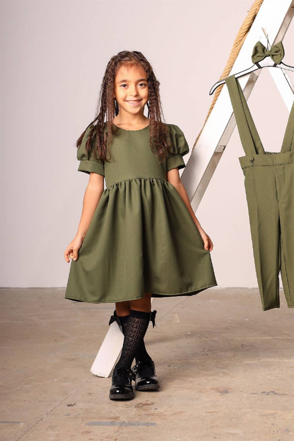 Khaki Green Watermelon Sleeve Girls Dress