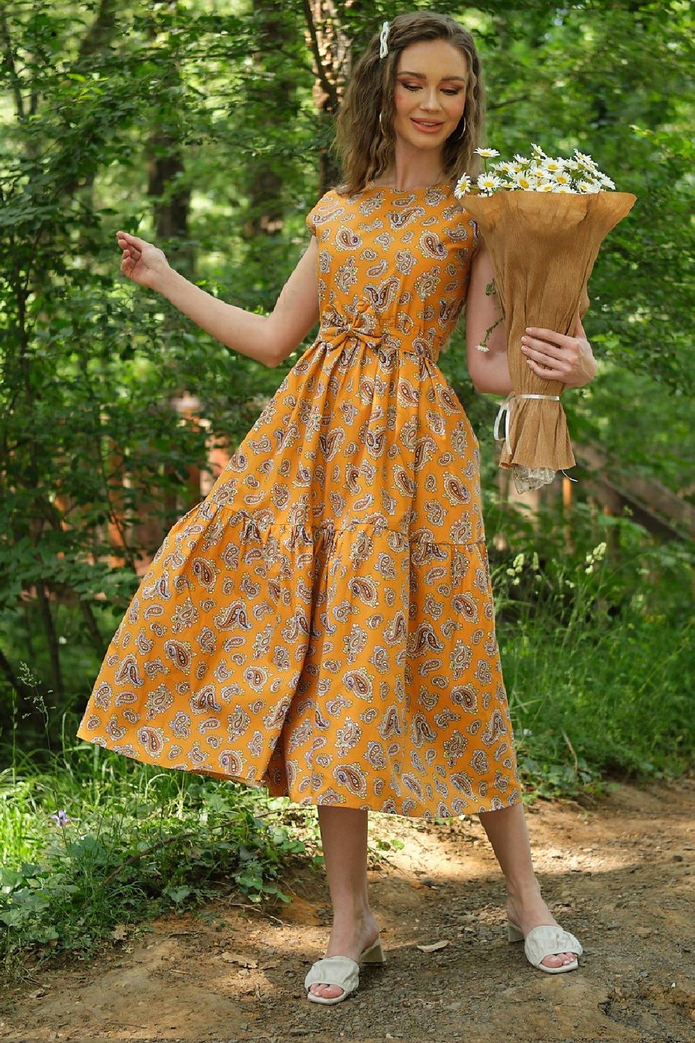 Mustard Shawl Patterned Sleeveless Layered Poplin Dress