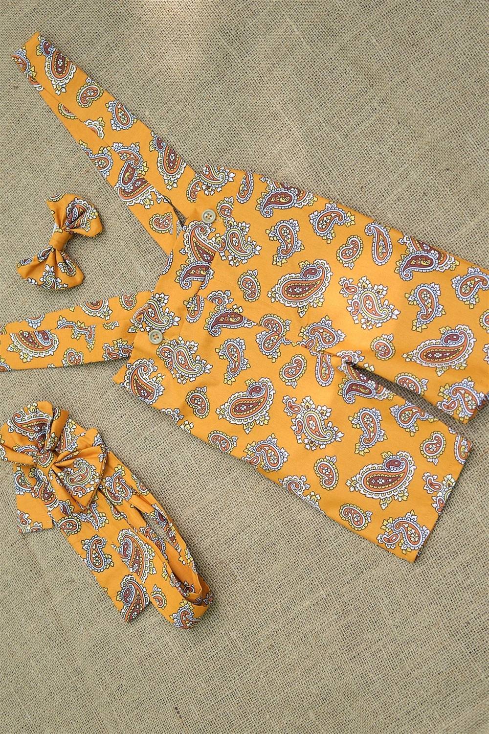 Hardal Şal Desenli Salopet ve Papyon