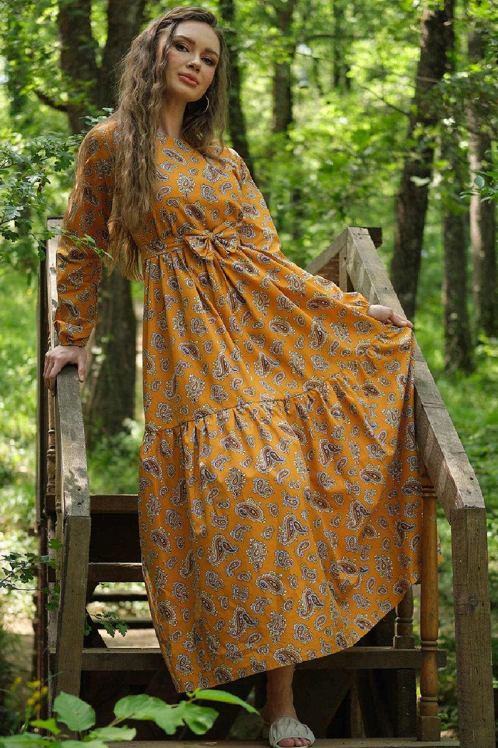 Tesettür Hardal Şal Desenli Kat Kat  Poplin Elbise