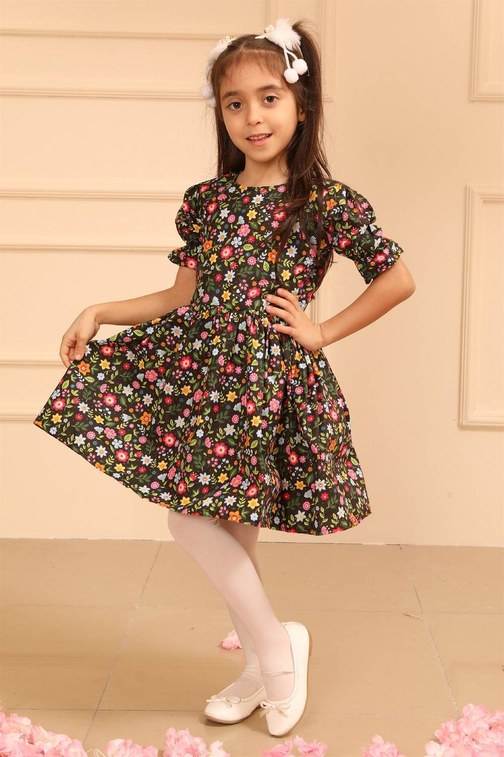 Black Multi-Floral Balloon Sleeve Girl Dress