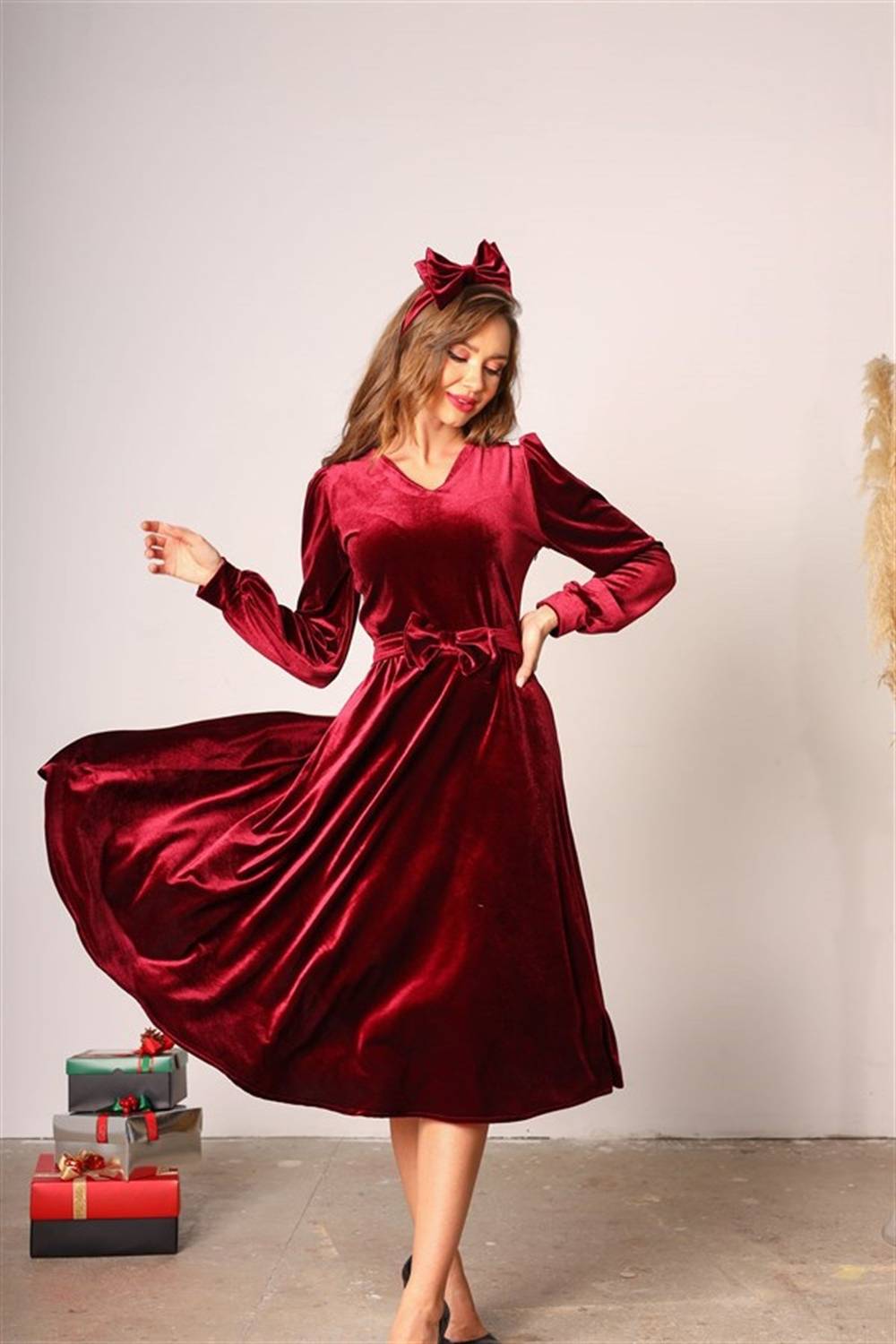 Bordo Kadife V Yaka Kloş Elbise