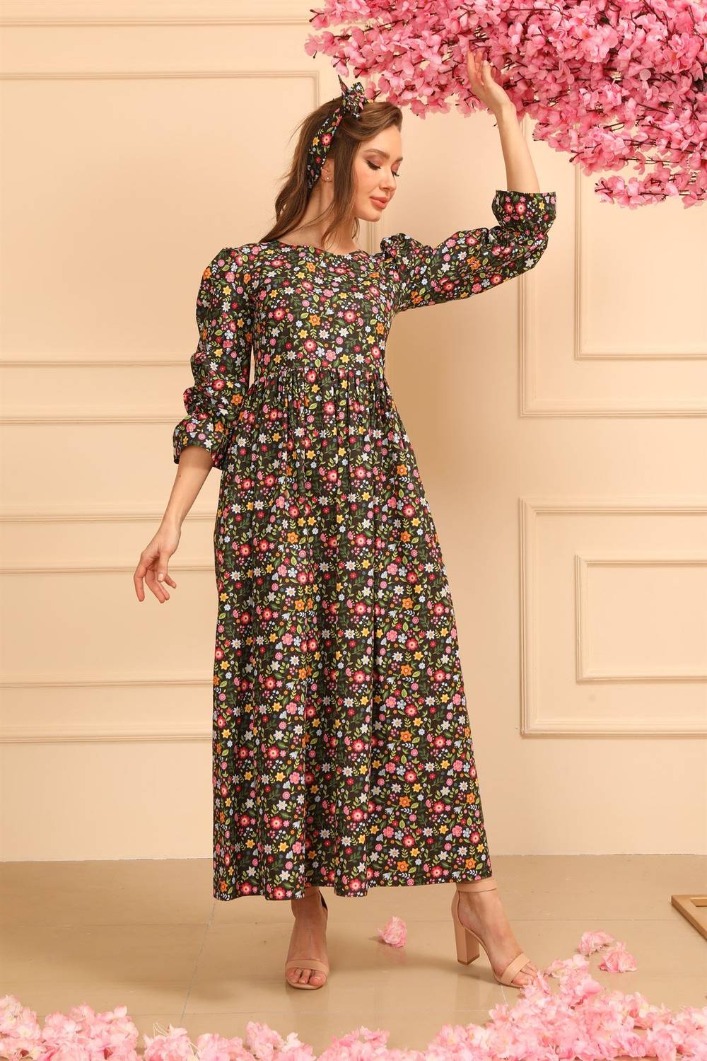 Чорна сукня з квітковим візерунком, балонні рукави, 100% бавовна, розміри S-XXL