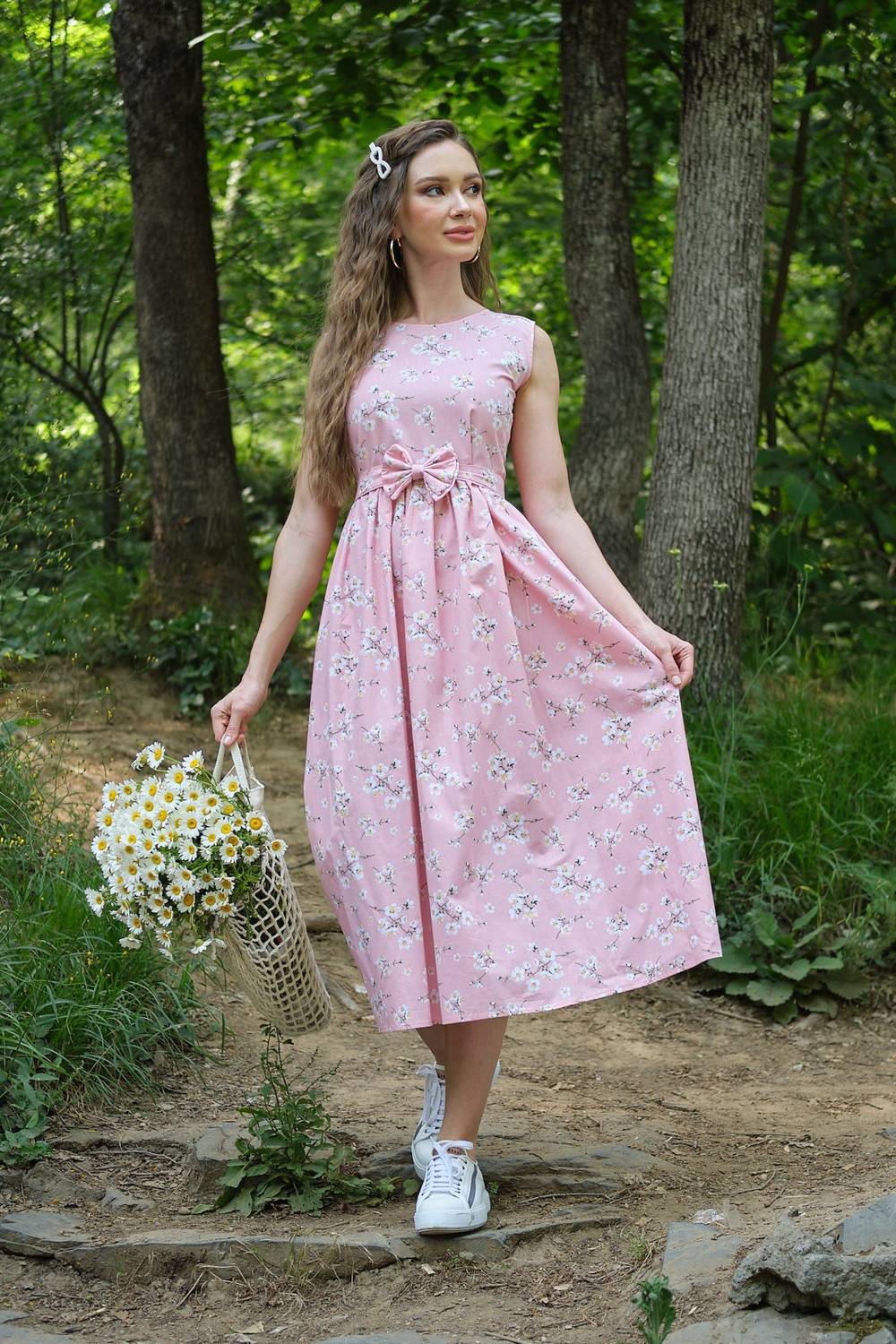 الربيع فرع بلا أكمام الخصر مطوي فستان البوبلين اللون البوبلين