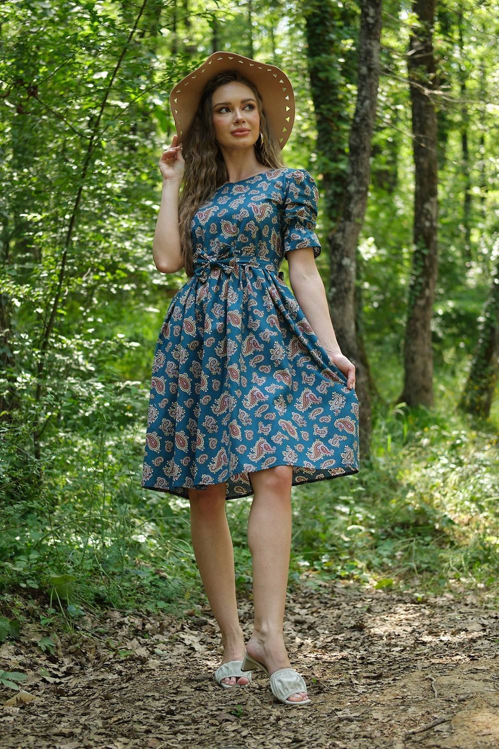 Petrol Yeşili Şal Desenli Belden Büzgülü Poplin Elbise