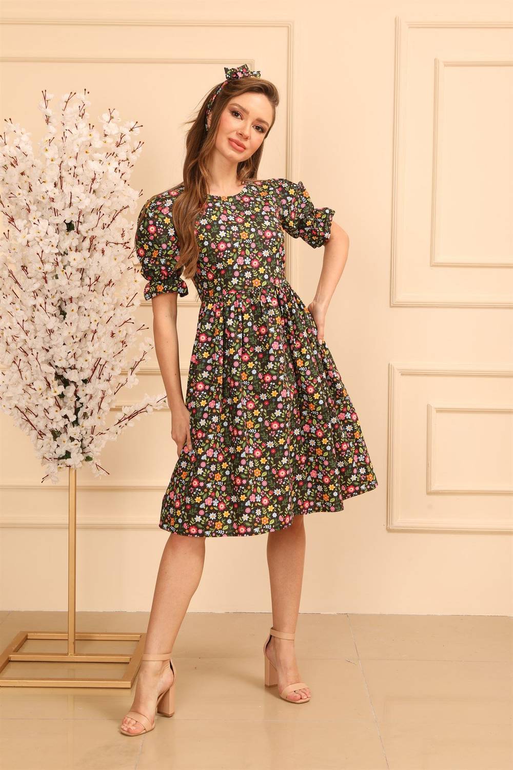 Black Small Color Floral Balloon Sleeve Poplin Dress