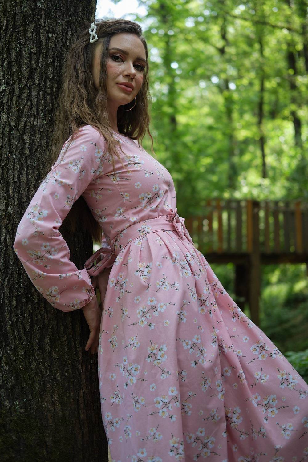 Tesettür Bahar Dalı Pudra Rengi Poplin Elbise