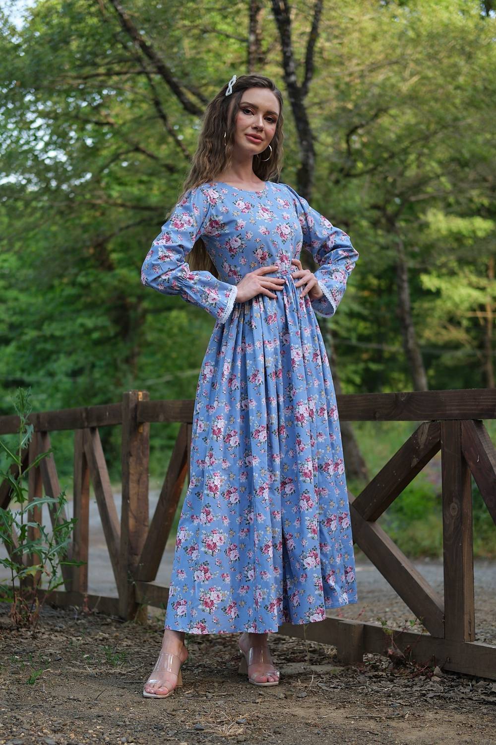 Hijab Blue Floral Patterned Sleeves Lace Poplin Dress