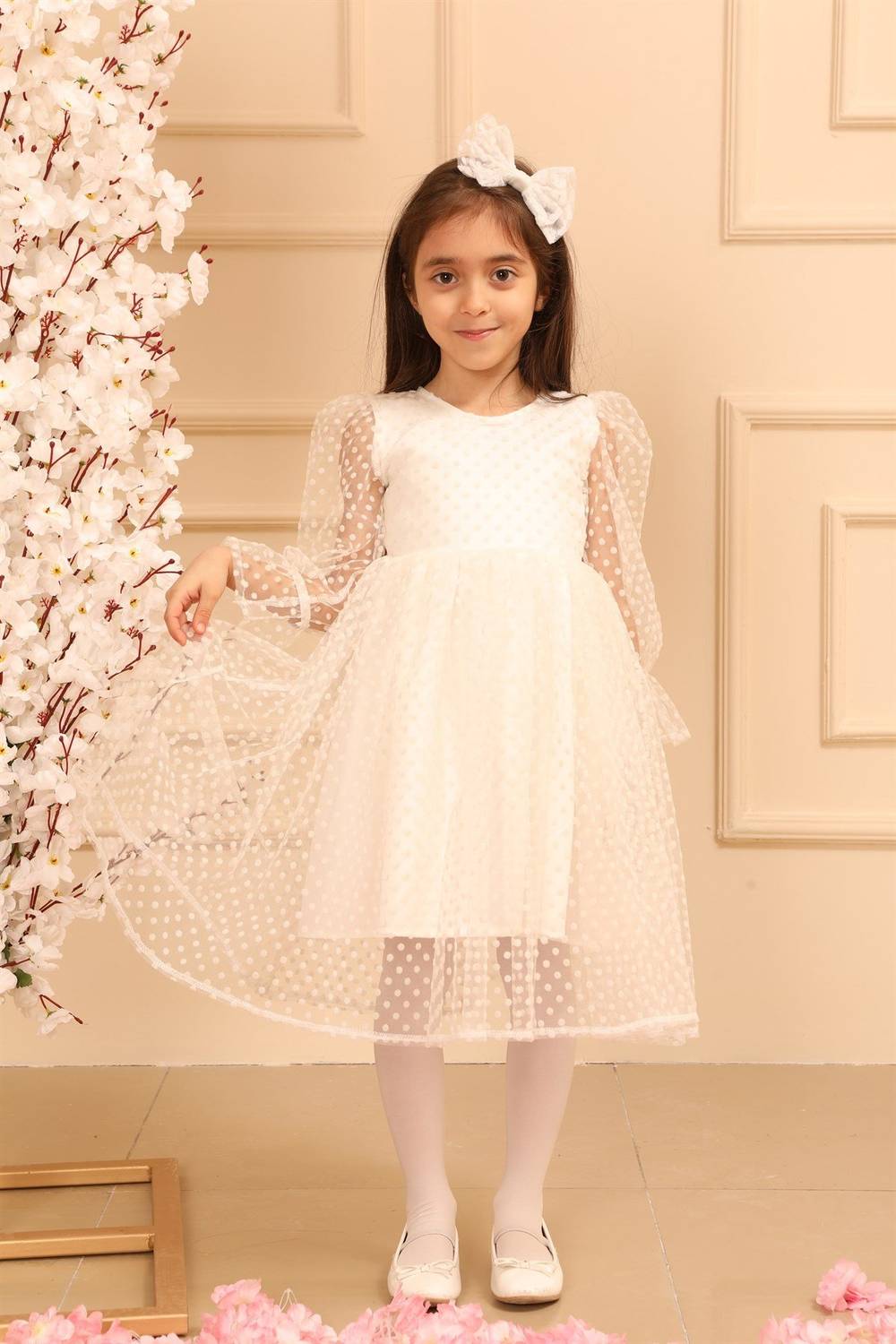 Kız Çocuk Parti Tüllü Beyaz Elbise
