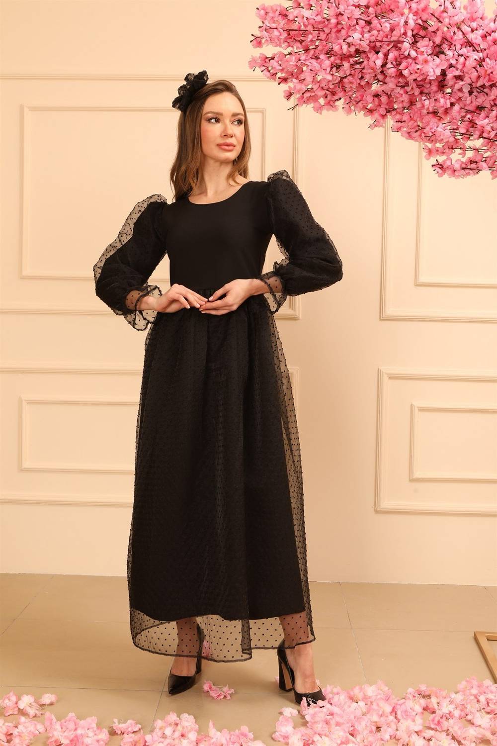 Чёрное вечернее платье с тюлем, доступно в размерах S, M, L, XL, XXL, 3XL