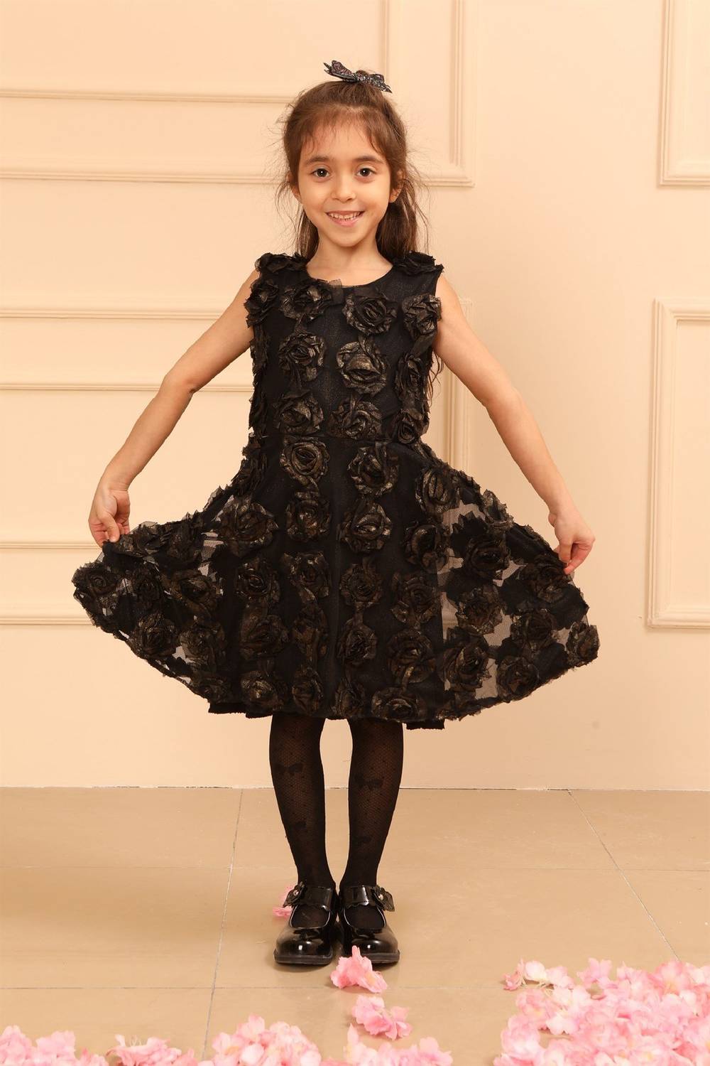 Kabarık Gül Detaylı Siyah Parti Kız Çocuk Elbise