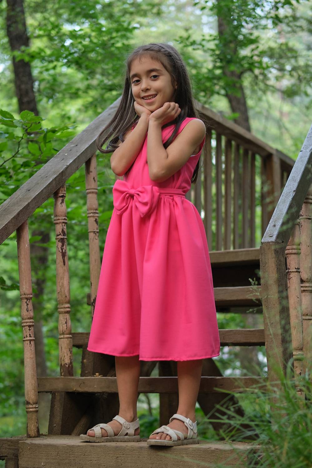 Fuchsia Pink Sleeveless Waist Pleated Girl's Dress