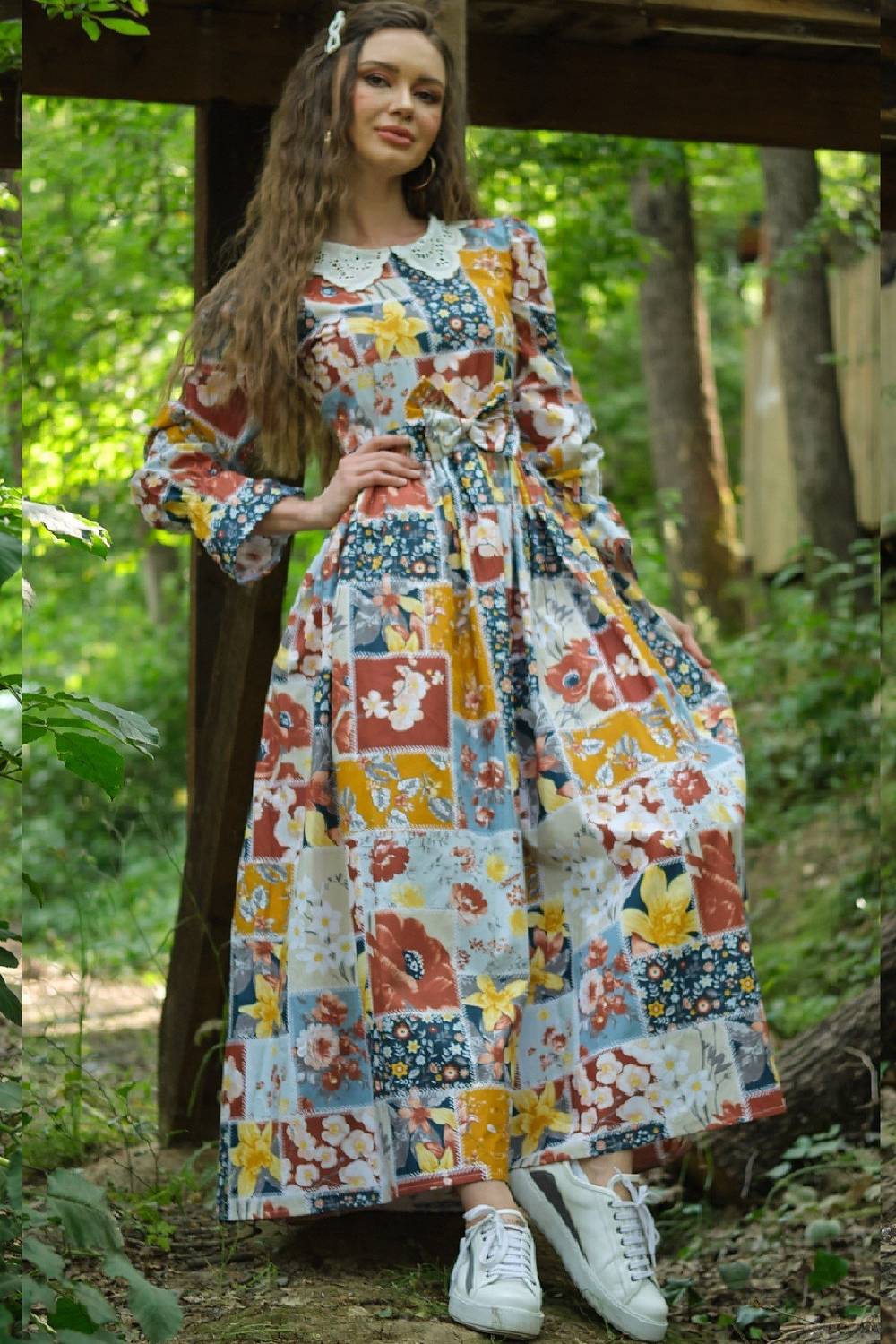 Tesettür Yaka Detaylı Kahve Otantik Elbise