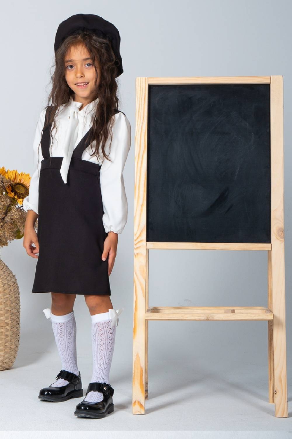 Siyah, Kız Çocuk Salopet Etek ve Şapka Takımı