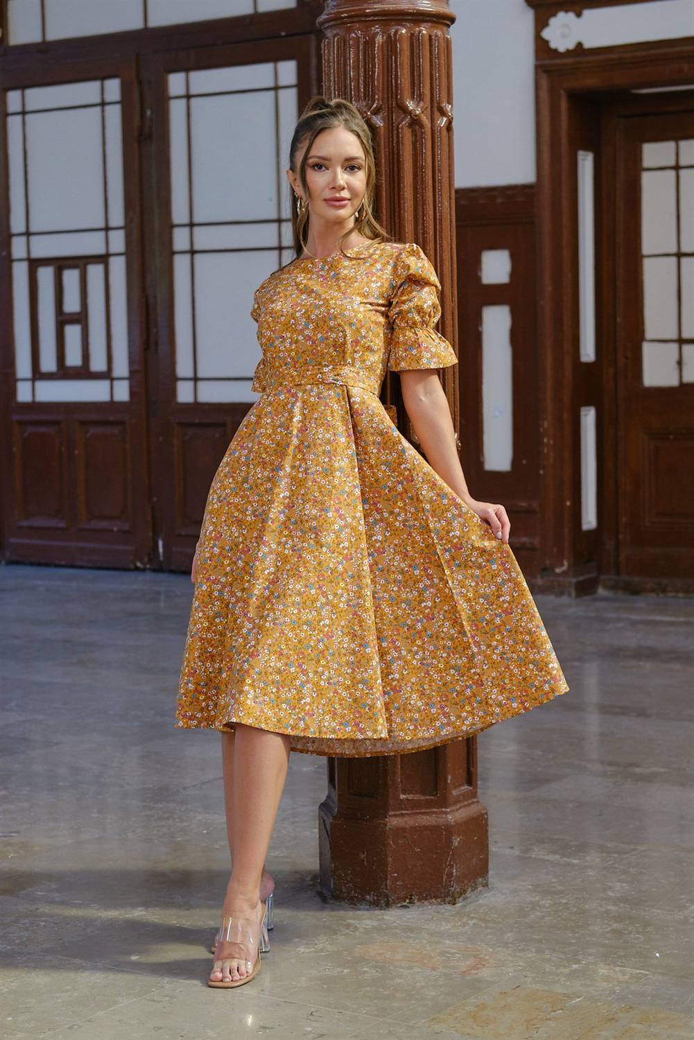 Vintage Mustard Floral Balloon Sleeve Flared Dress
