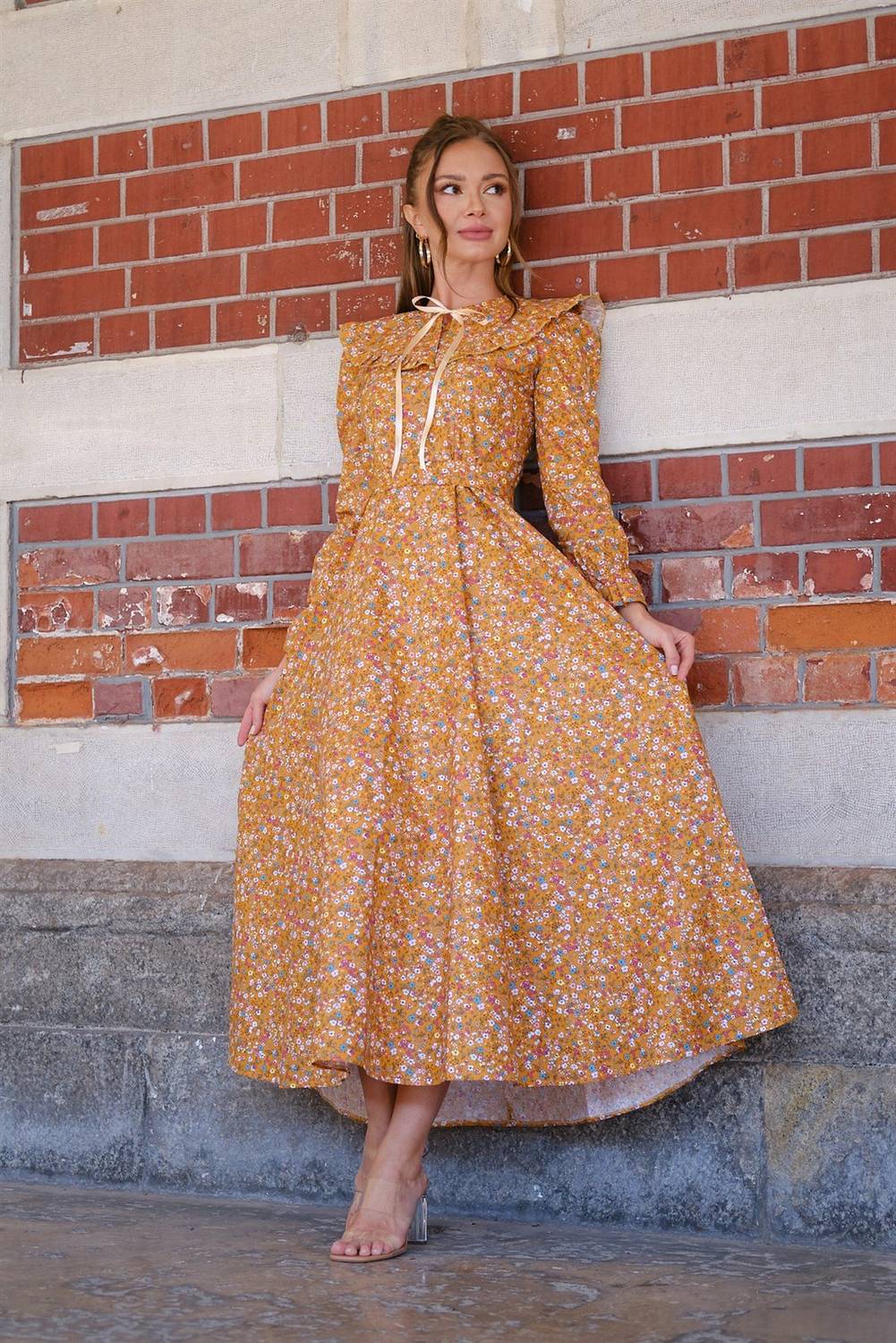 Hijab Vintage Scoop Neck Mustard Floral Balloon Sleeve Flared Dress