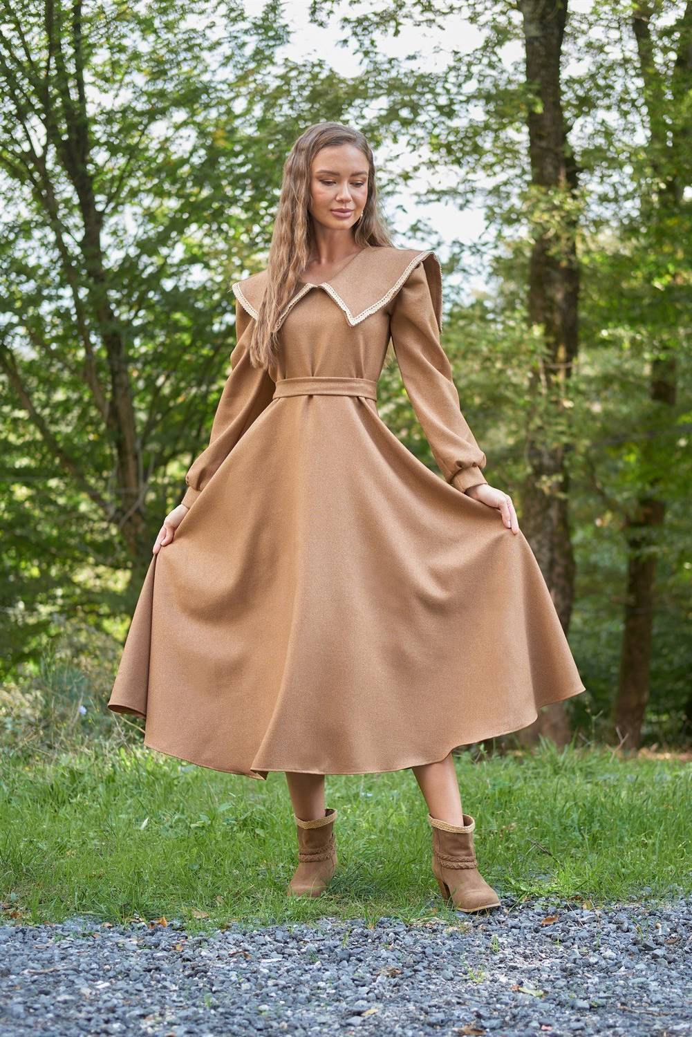 Tan vintage collared flared wool effect dress
