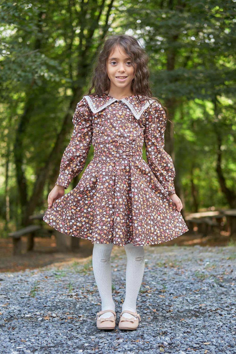 Vintage Neckline Brown Floral Long Sleeve Flared Girl Dress