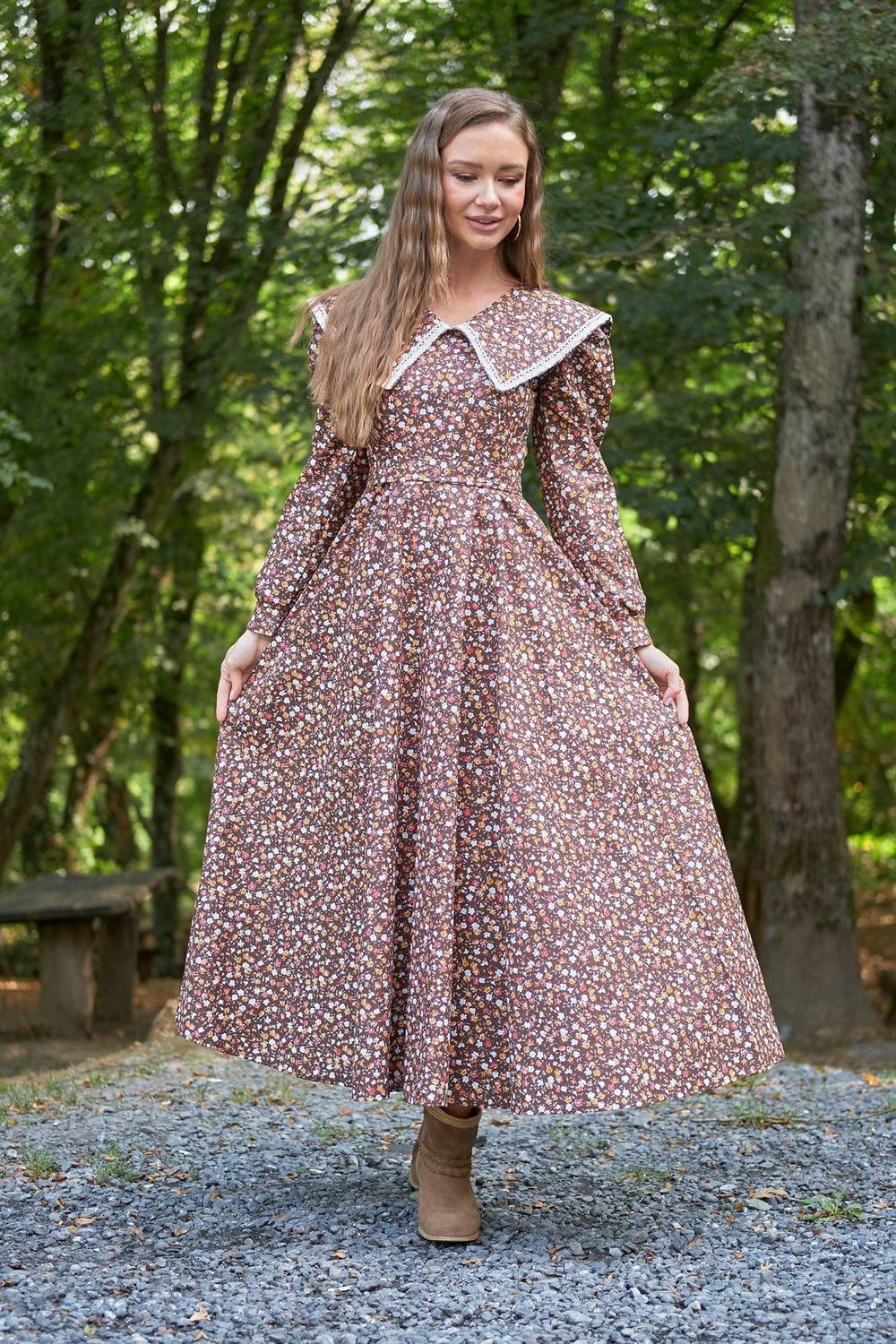 Hijab Vintage Collar Brown Floral Flared Dress