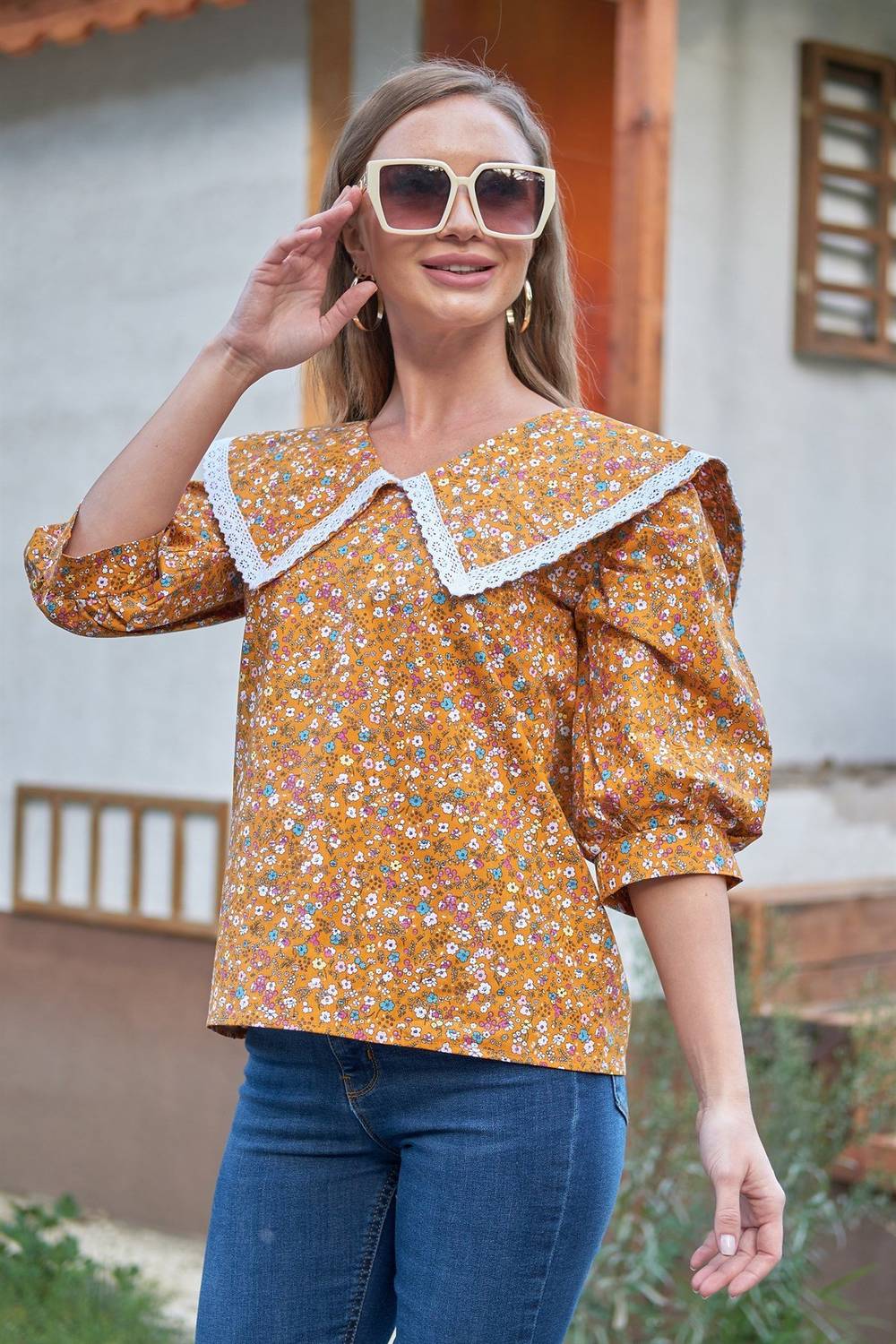 Mustard Floral Collar Balloon Sleeve Blouse