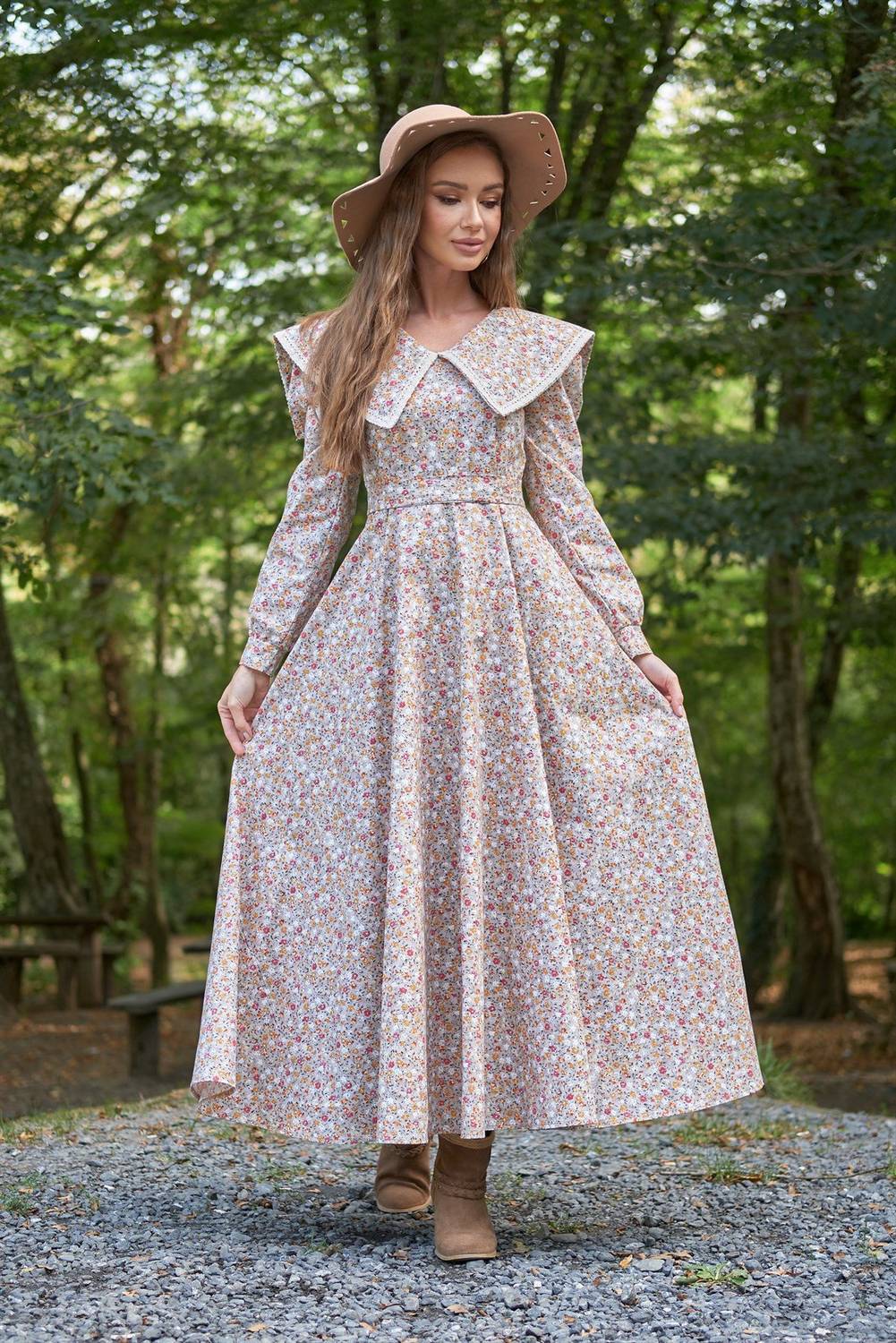 Hijab Vintage Collar Gray Color Floral Long Sleeve Flared Dress