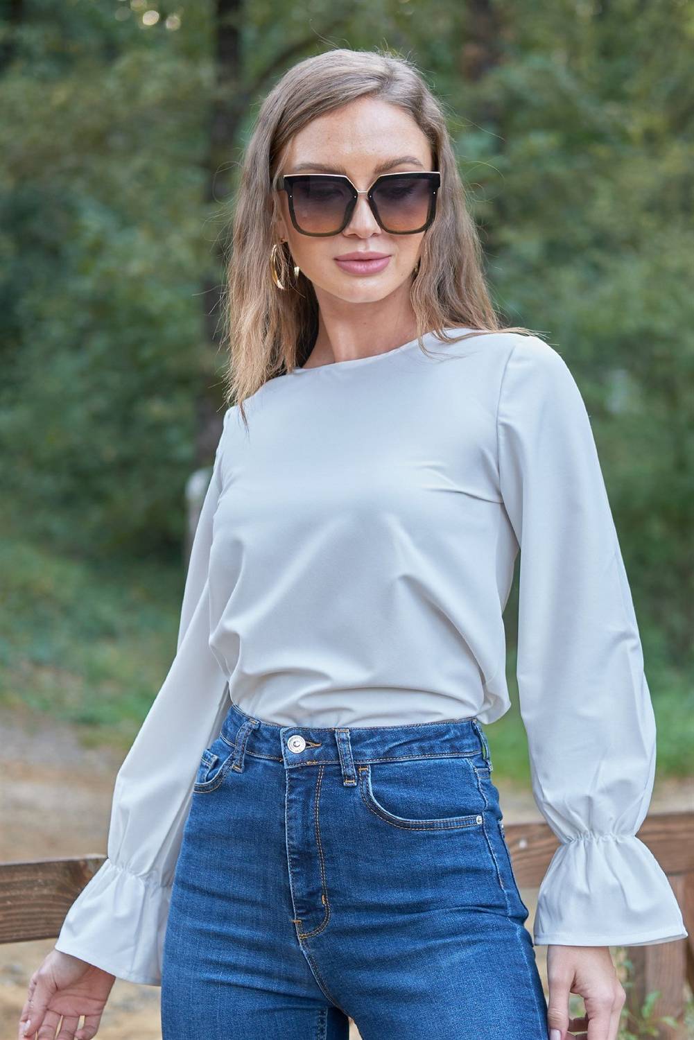 White Crepe Blouse with Crepe Collar Elastic Sleeve