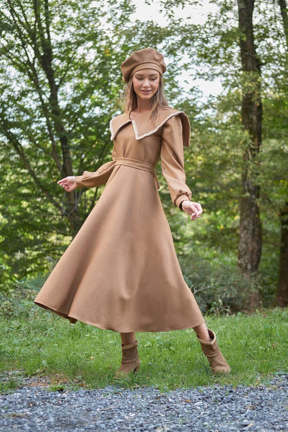 Tan Flared Wool Effect Dress with Vintage Hat and Collar