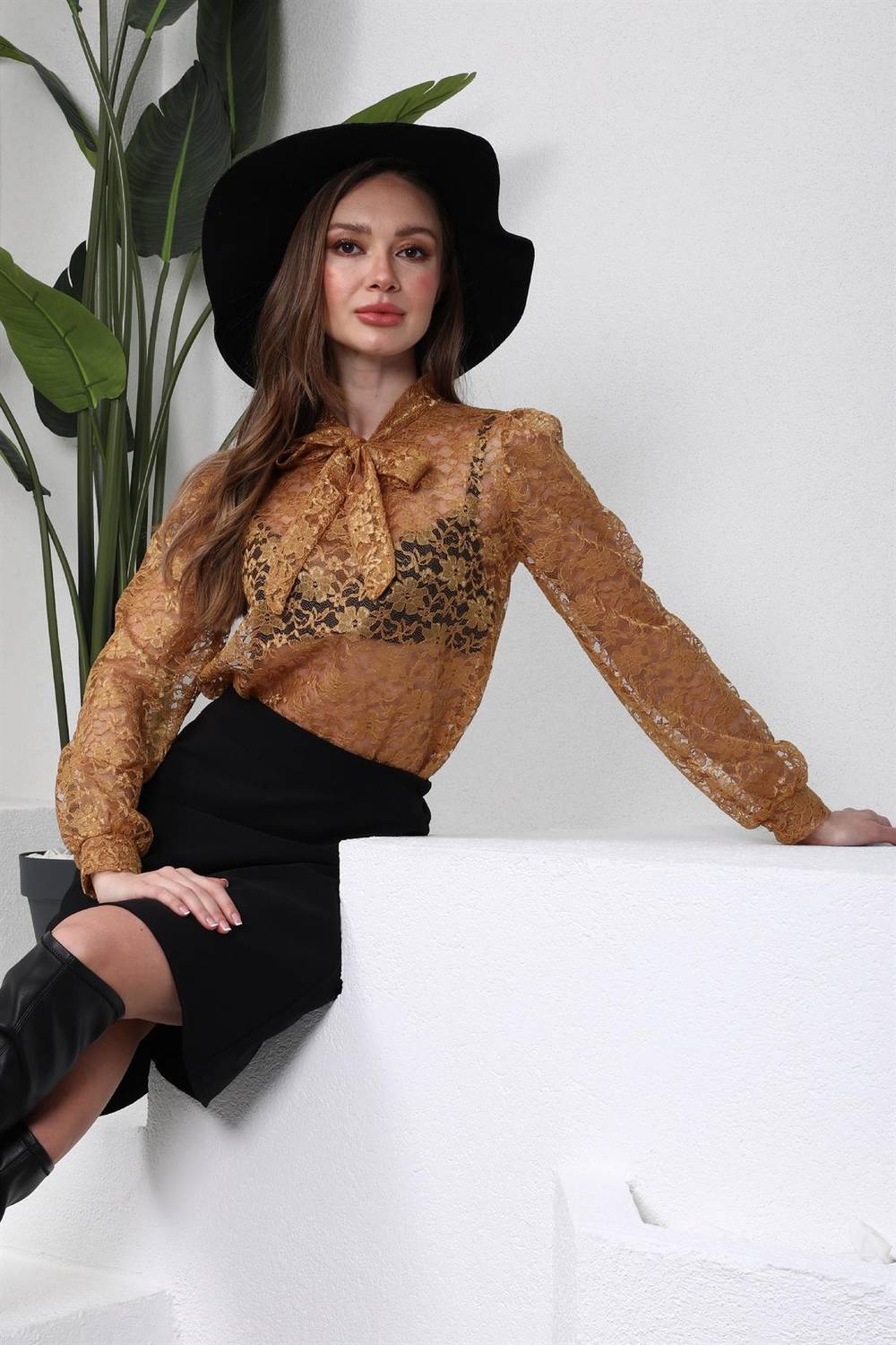 Mustard Yellow Halter Neck Lace Blouse