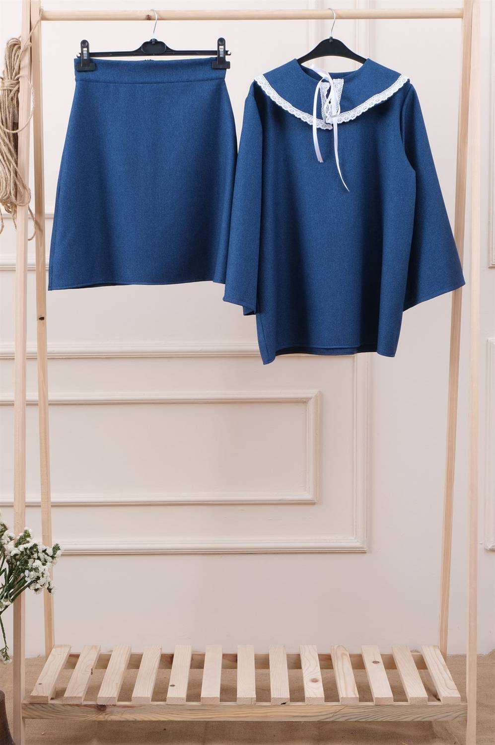 Indigo Blue Scoop Collar Skirt and Blouse Bottom and Top Set ( 3 Piece Set )