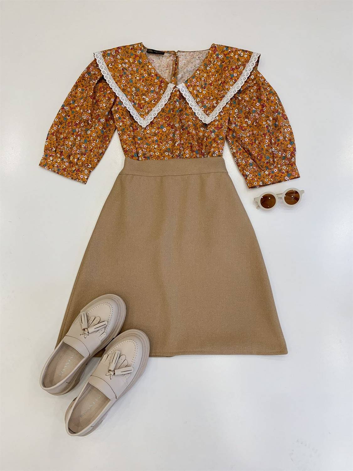 Beige Skirt and Mustard Floral Collar Blouse (2 Piece Set)