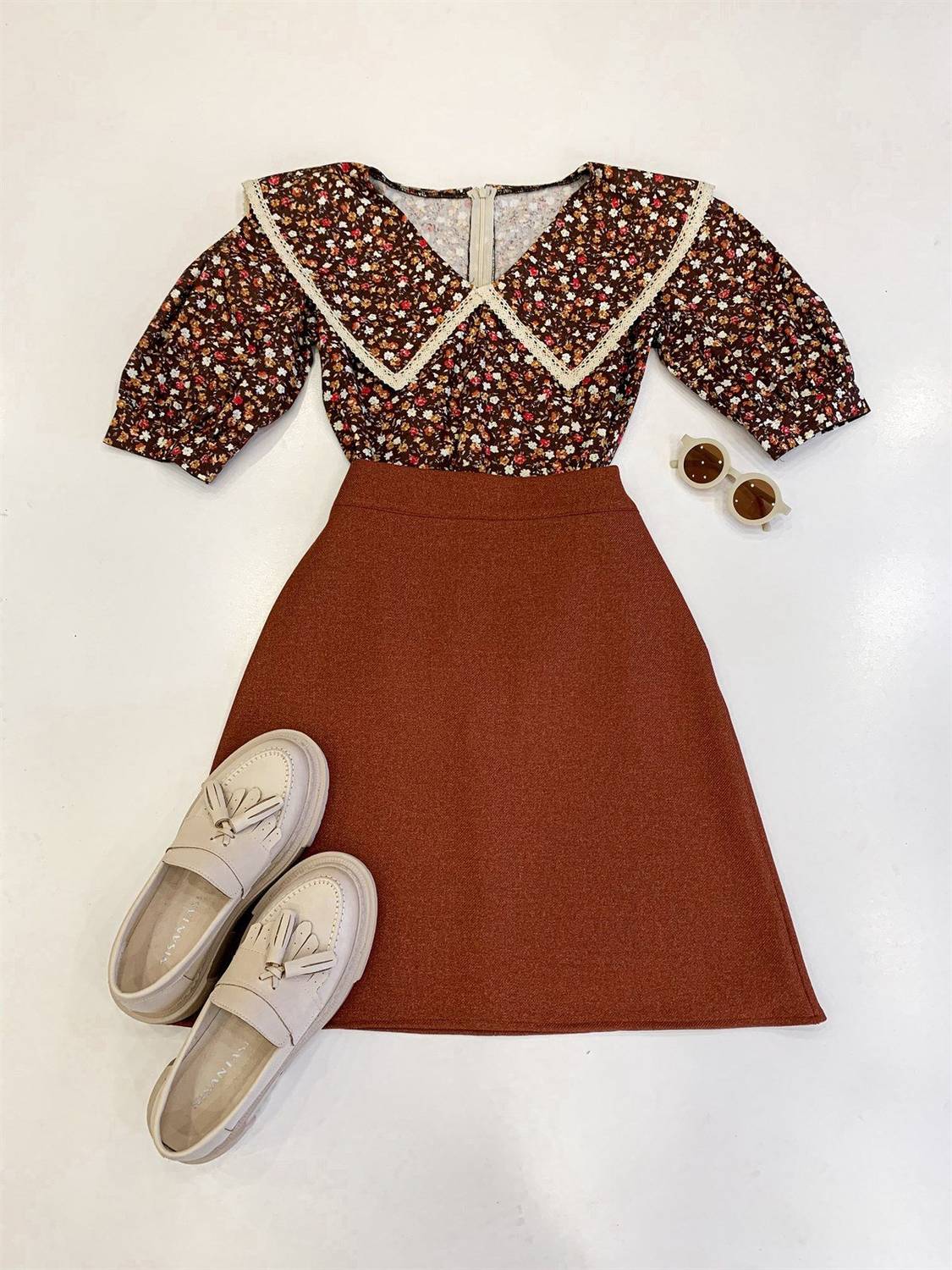 Tile Colored Skirt and Brown Floral Collar Blouse (2 Piece Set)