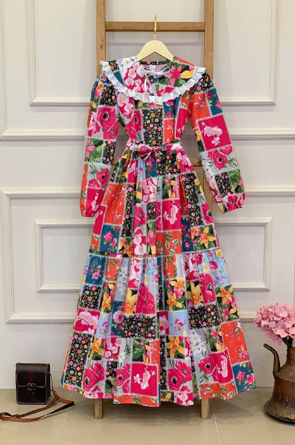 Hijab Scoop Collar Pink Patwork Tiered Dress