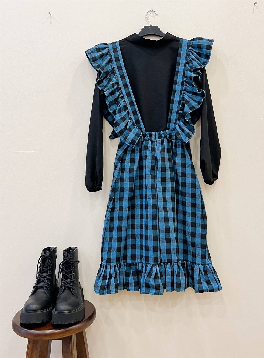 Mavi Kareli Ekose Salopet Etek