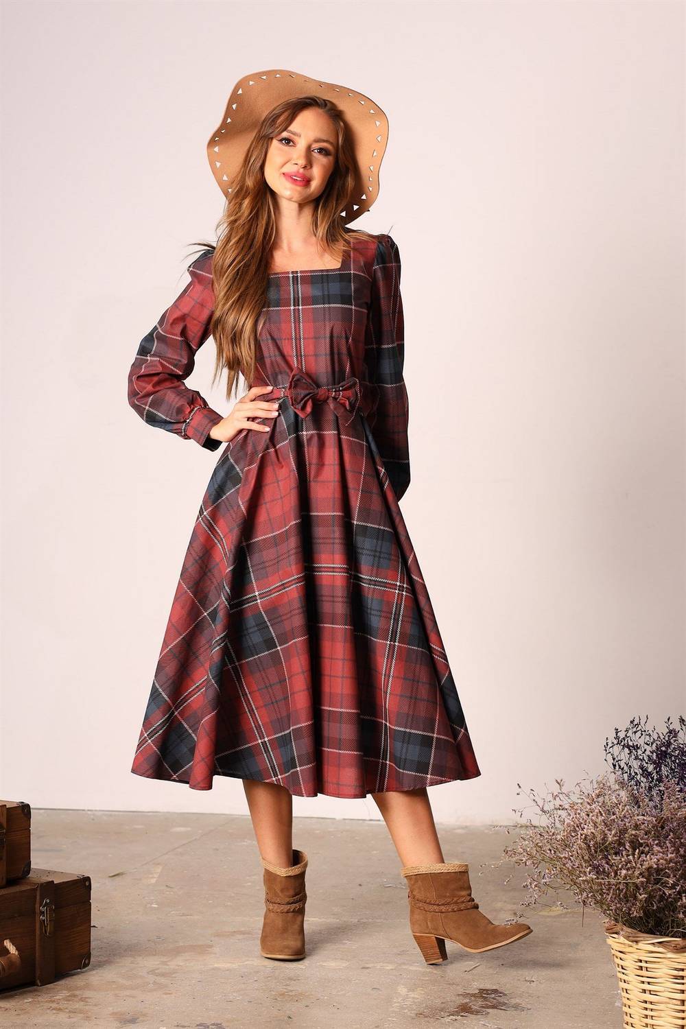 Vintage Brown Flared Square Collar Dress