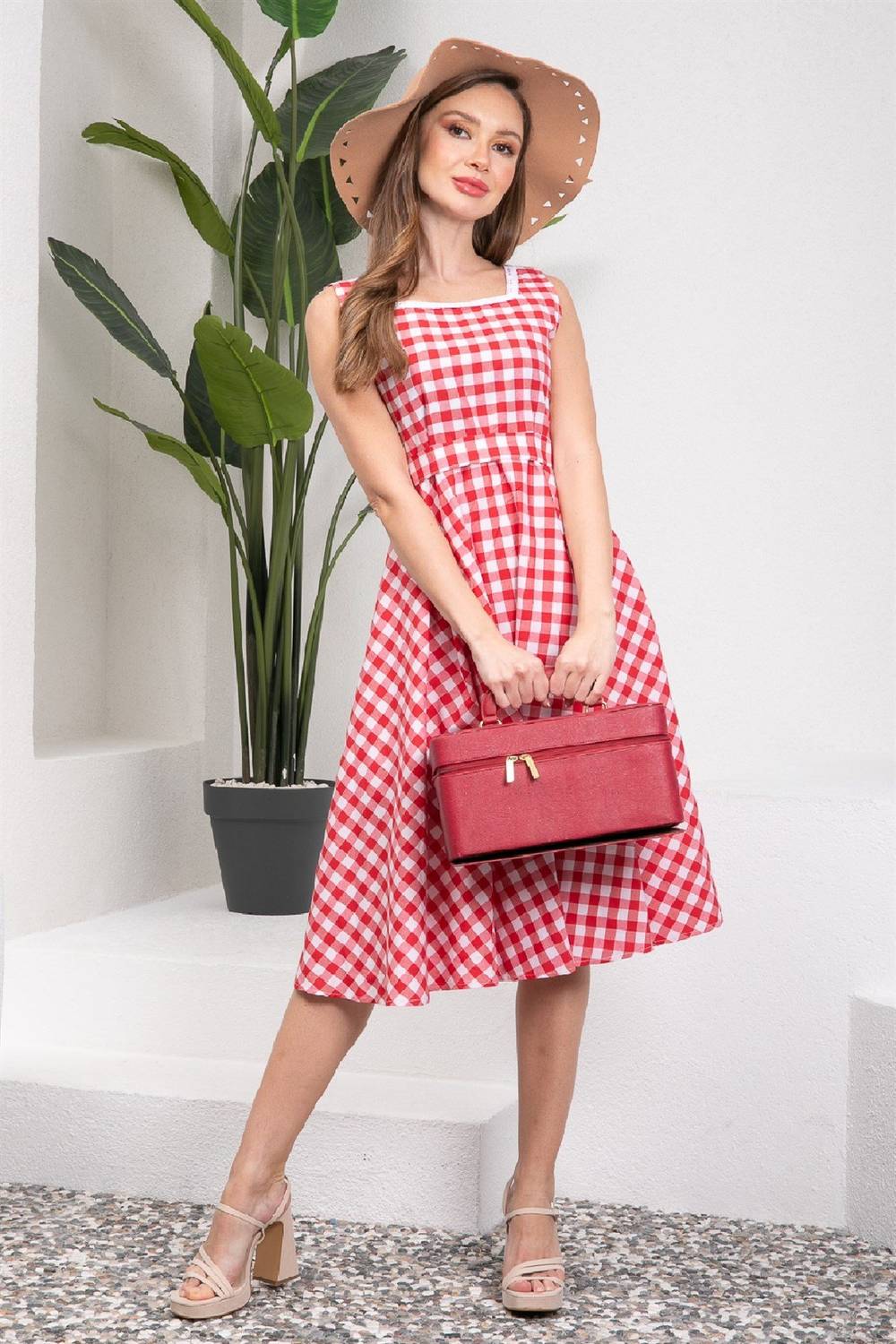 Red Gingham Square Neck Strapless Flared Dress