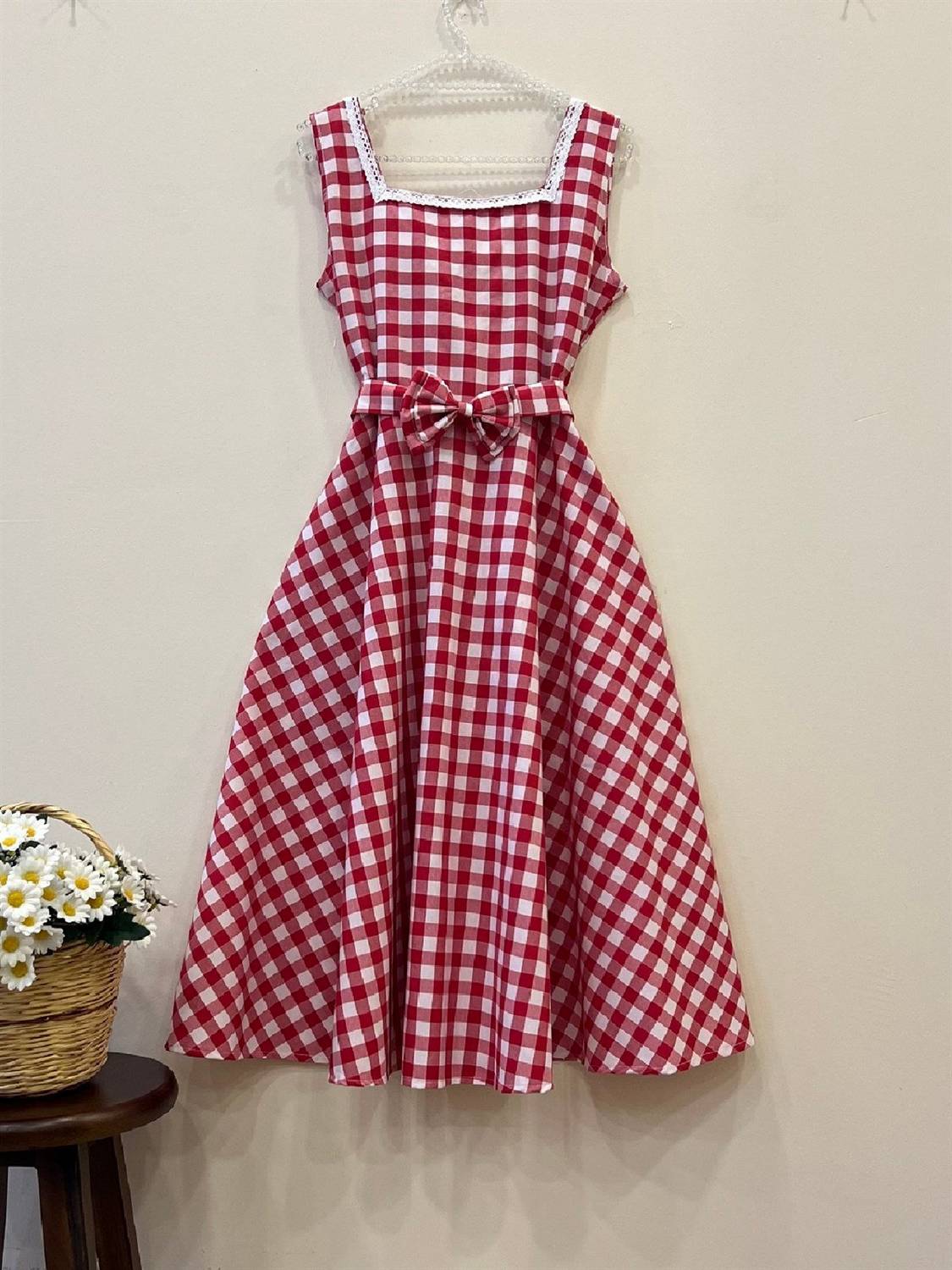 Red Square Collar Strap Flared Dress