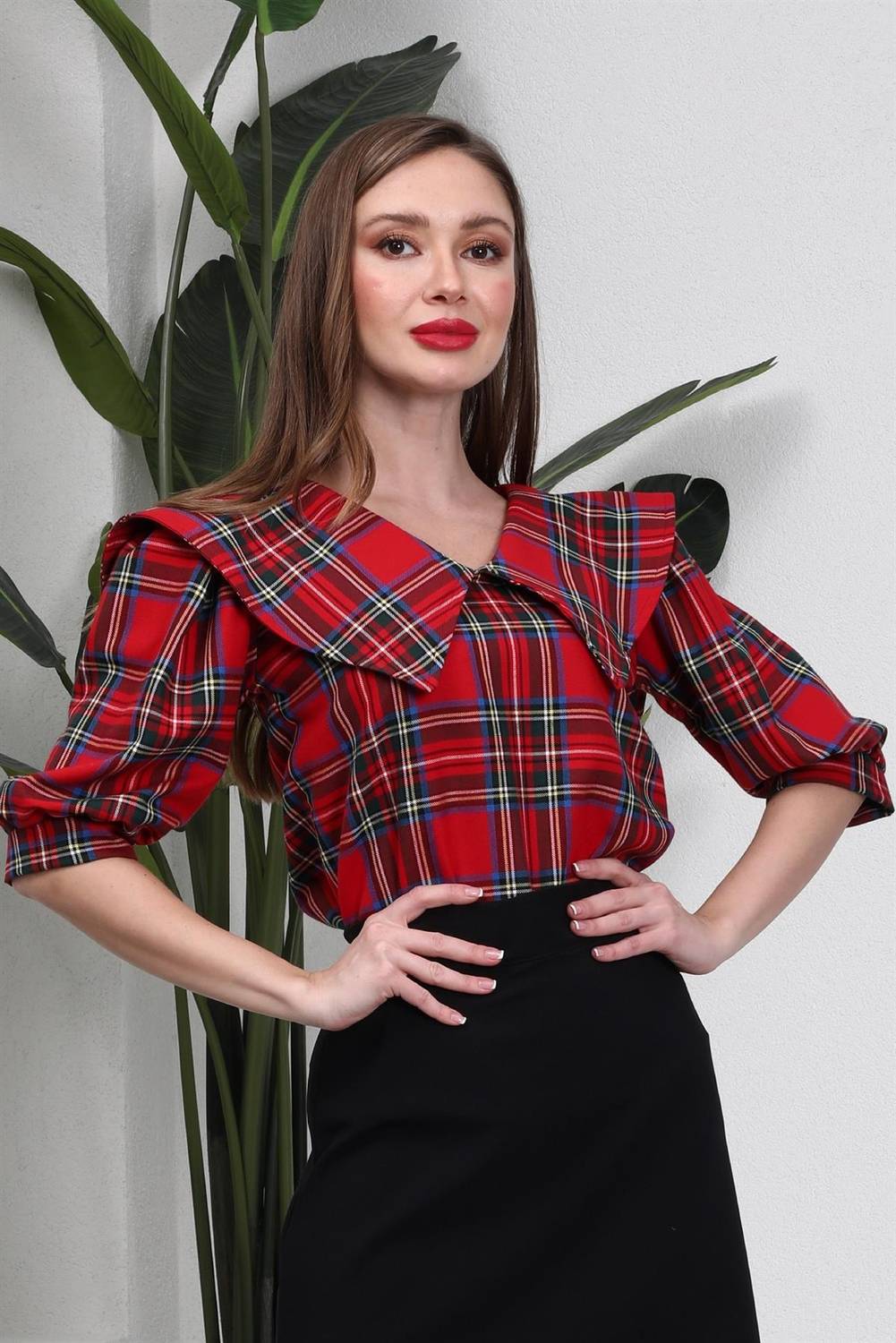 Red Plaid Blouse with Collar and Cuffs