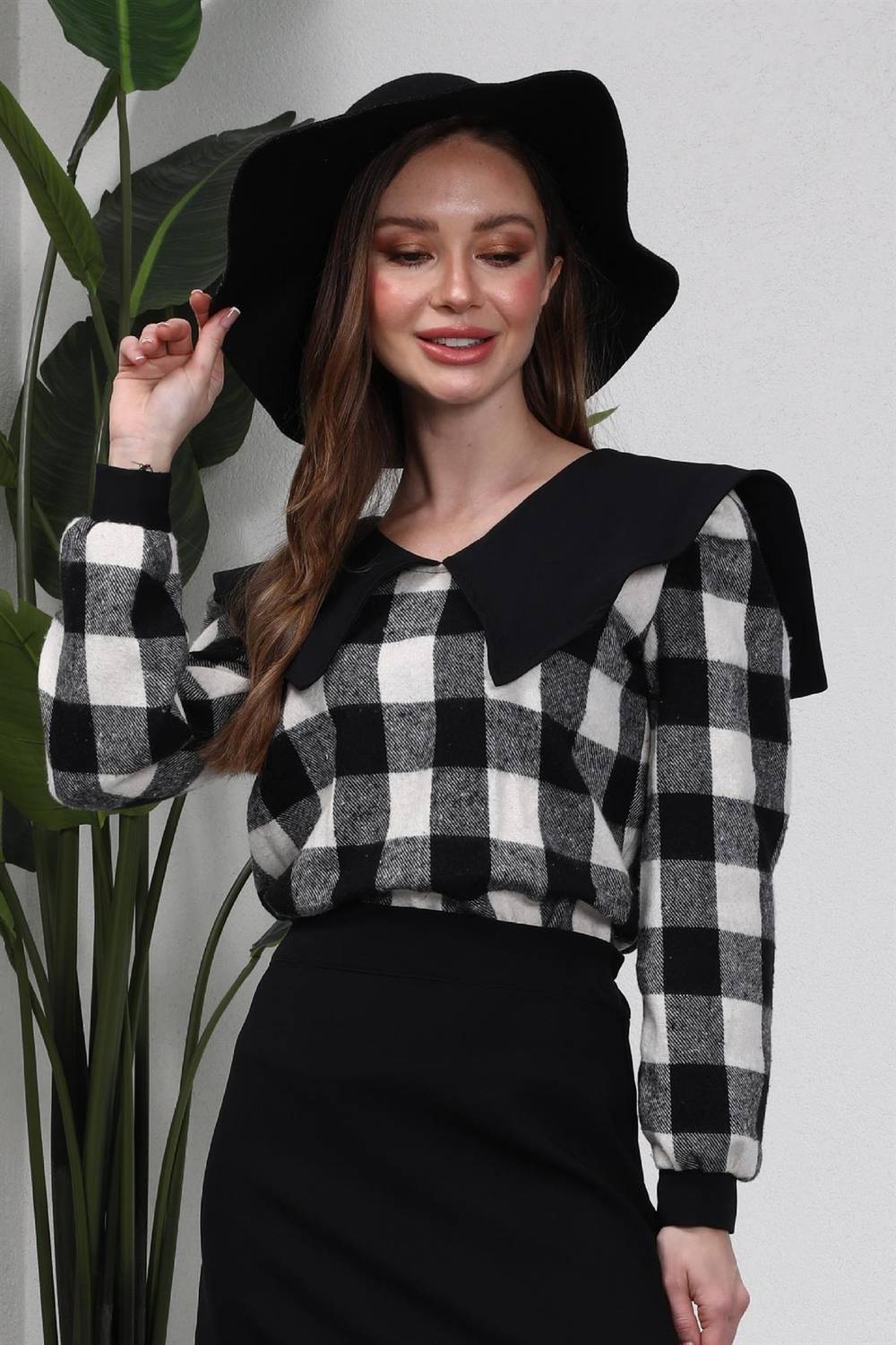 Collar Black Long Sleeve Checkerboard Pattern Plaid Blouse