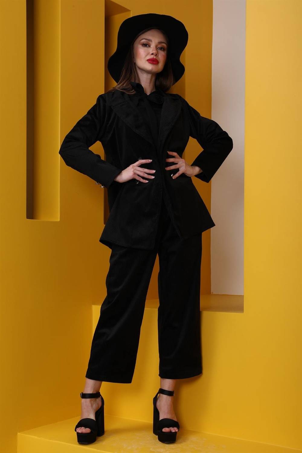 Black Corduroy Pants Jacket Set (Set of 2)