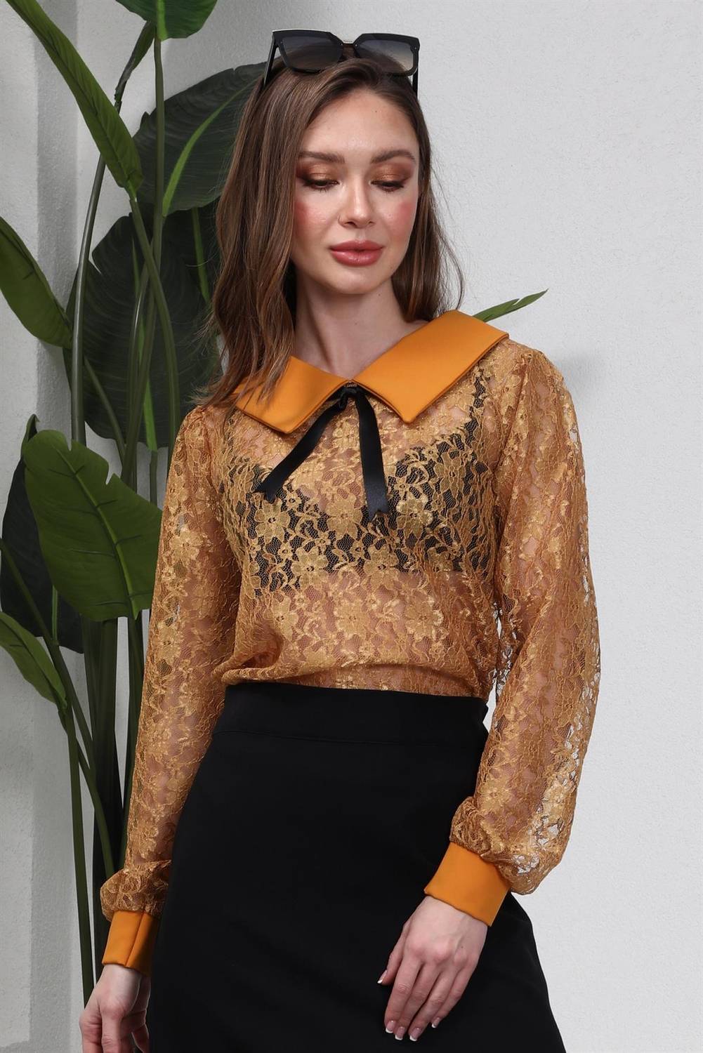 Mustard Lace blouse with collar and cuffs