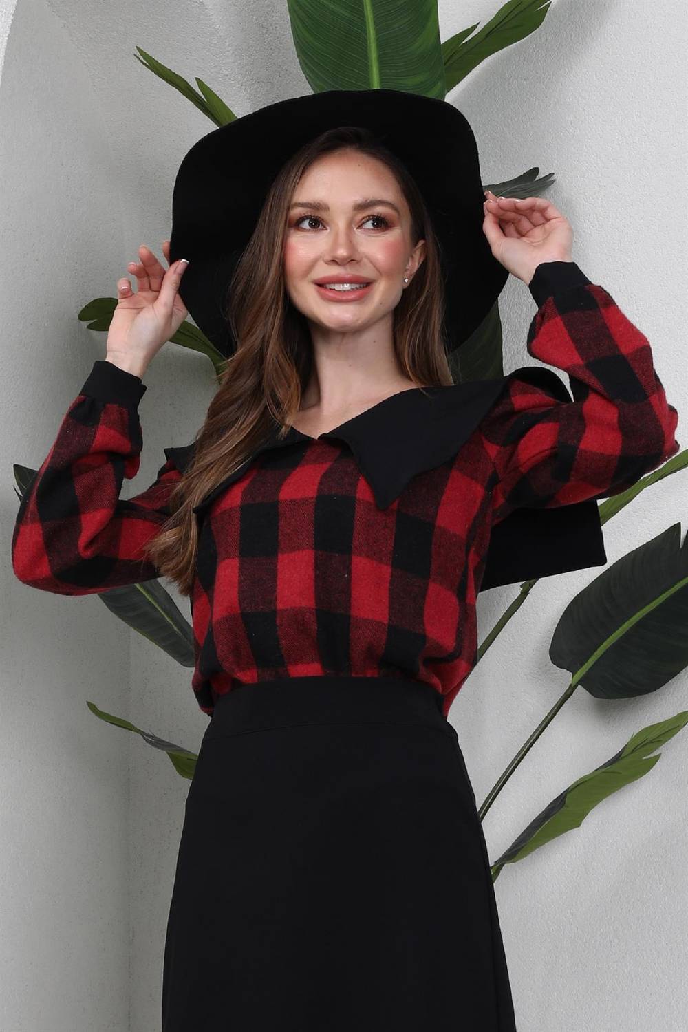 Collar Red Long Sleeve Checkerboard Pattern Plaid Blouse