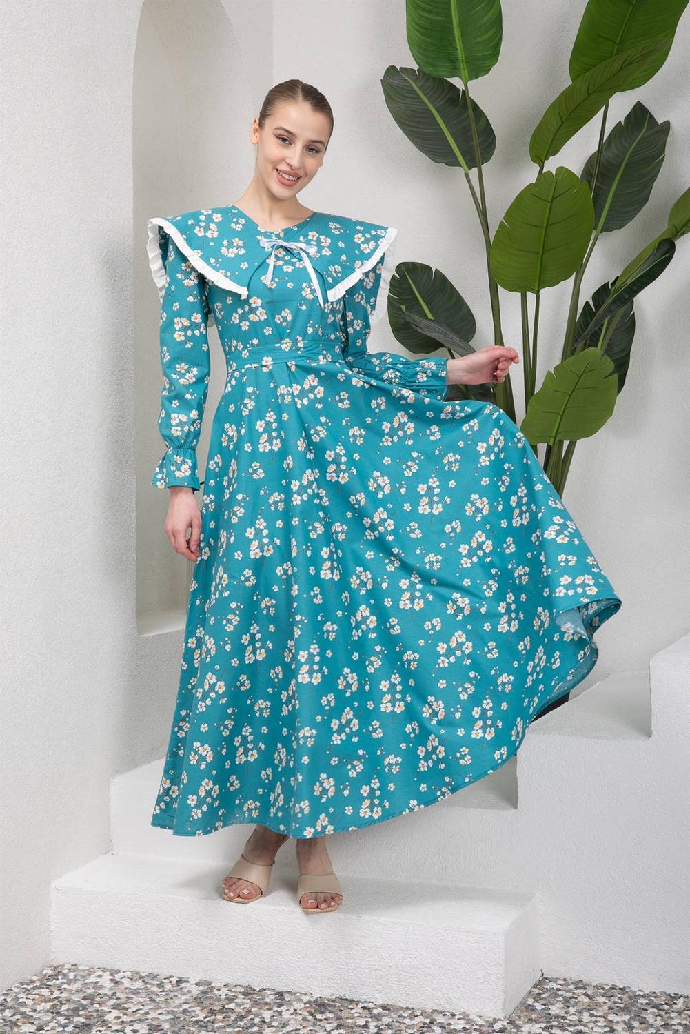 Tesettür Bahar Dalı Petrol Mavisi-Seyyar Yakalı Kloş