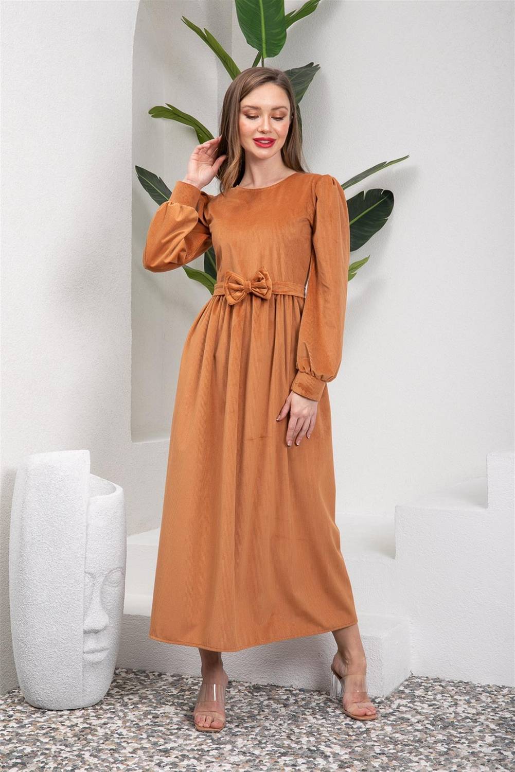 Tesettür Kahverengi Fitilli Kadife Elbise