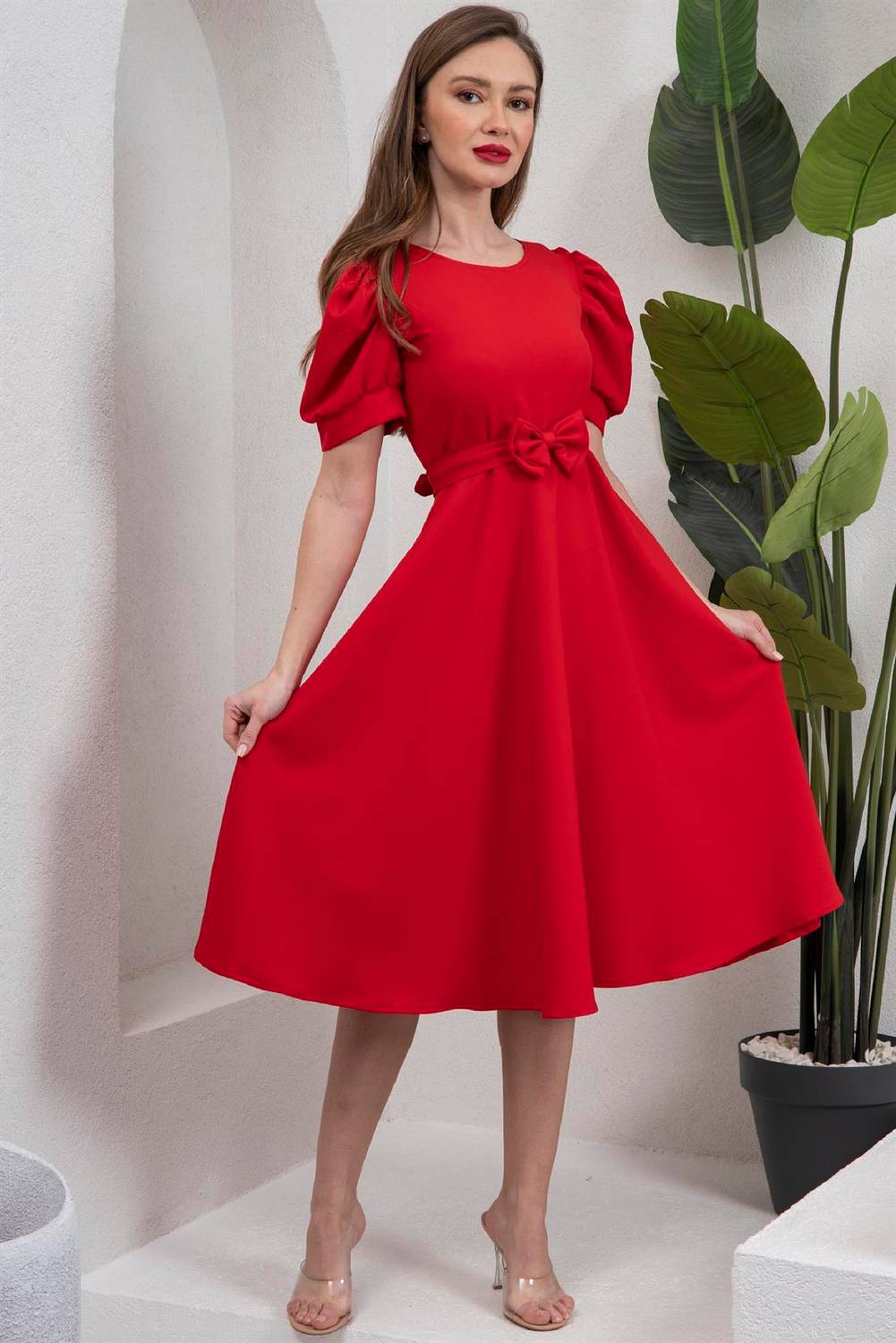 Червона midi-сукня з плісированими рукавами з двоєного крепу, розміри S-3XL, стильна та зручна, рекомендоване ручне прання