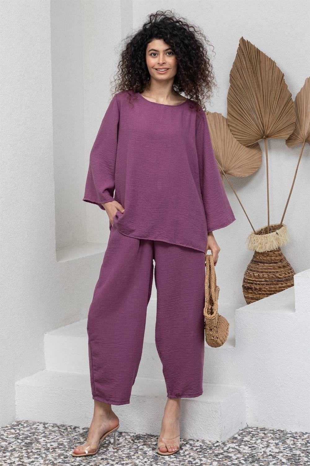 Темно-фіолетовий бавовняний льняний комплект з довгими рукавами: блузка та вільні штани