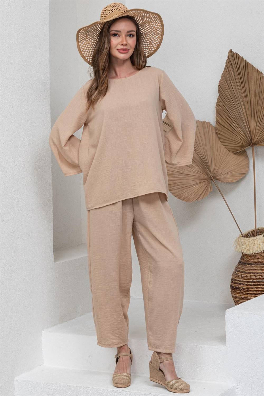 Beige Cotton Linen Long Sleeve Blouse and Loose Trousers Set