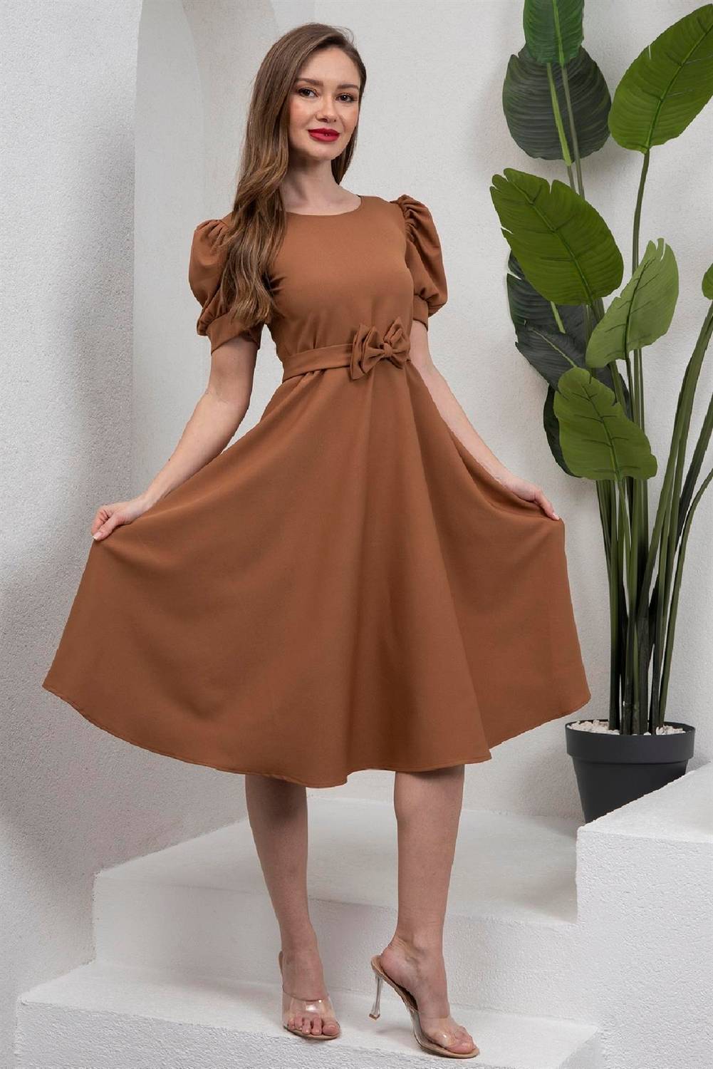 Camel Color Crepe Watermelon Sleeve Flared Midi Length Dress