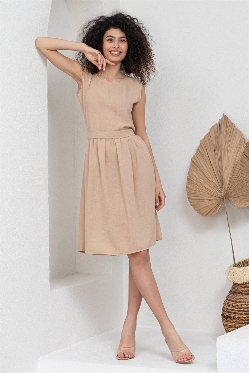 Bej Rengi Keten Pamuklu Kolsuz Elbise